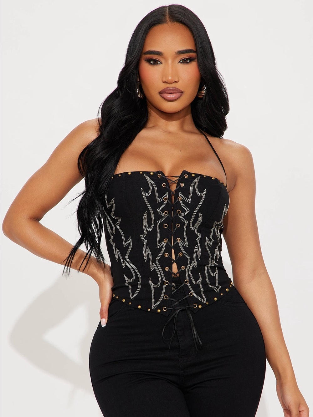 Fashion Nova Black Lace-Up Studded Corset Camisole